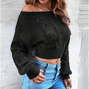 Luxe Sheer Crochet Knit Drop Shoulder Cropped Sweater Top Black